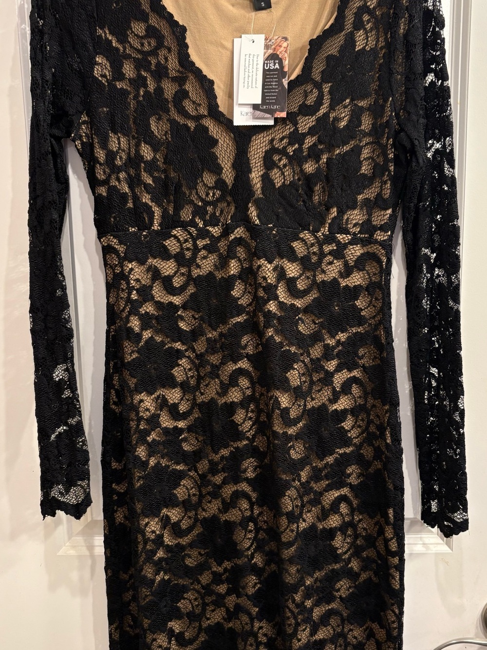 Karen Kane Black Lace Long Sleeve Dress with Nude Lining